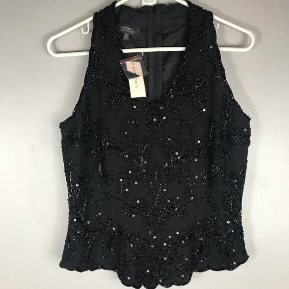 dress barn sequin tops Dress Barn Fitted Woman's Tan Lined Sequin Halter Tie Up Top Size 8 NWT